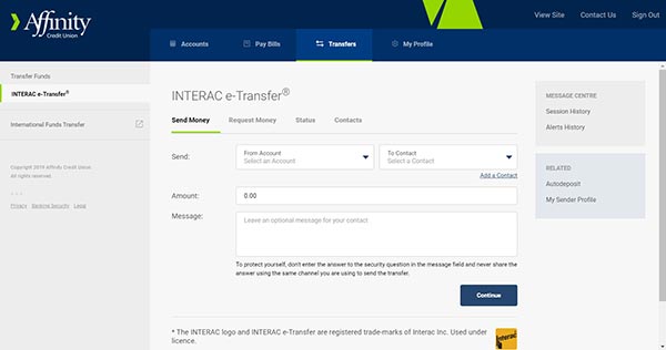 Interac eTransfer Online Banking Affinity Credit Union